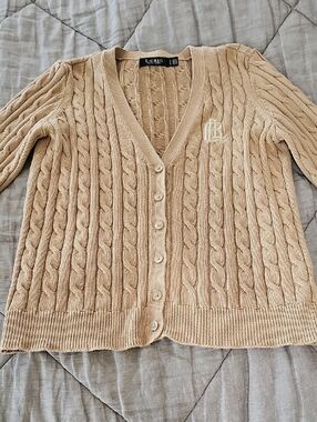 Lauren Ralph Lauren Tan Cable Knit V-Neck Cardigan